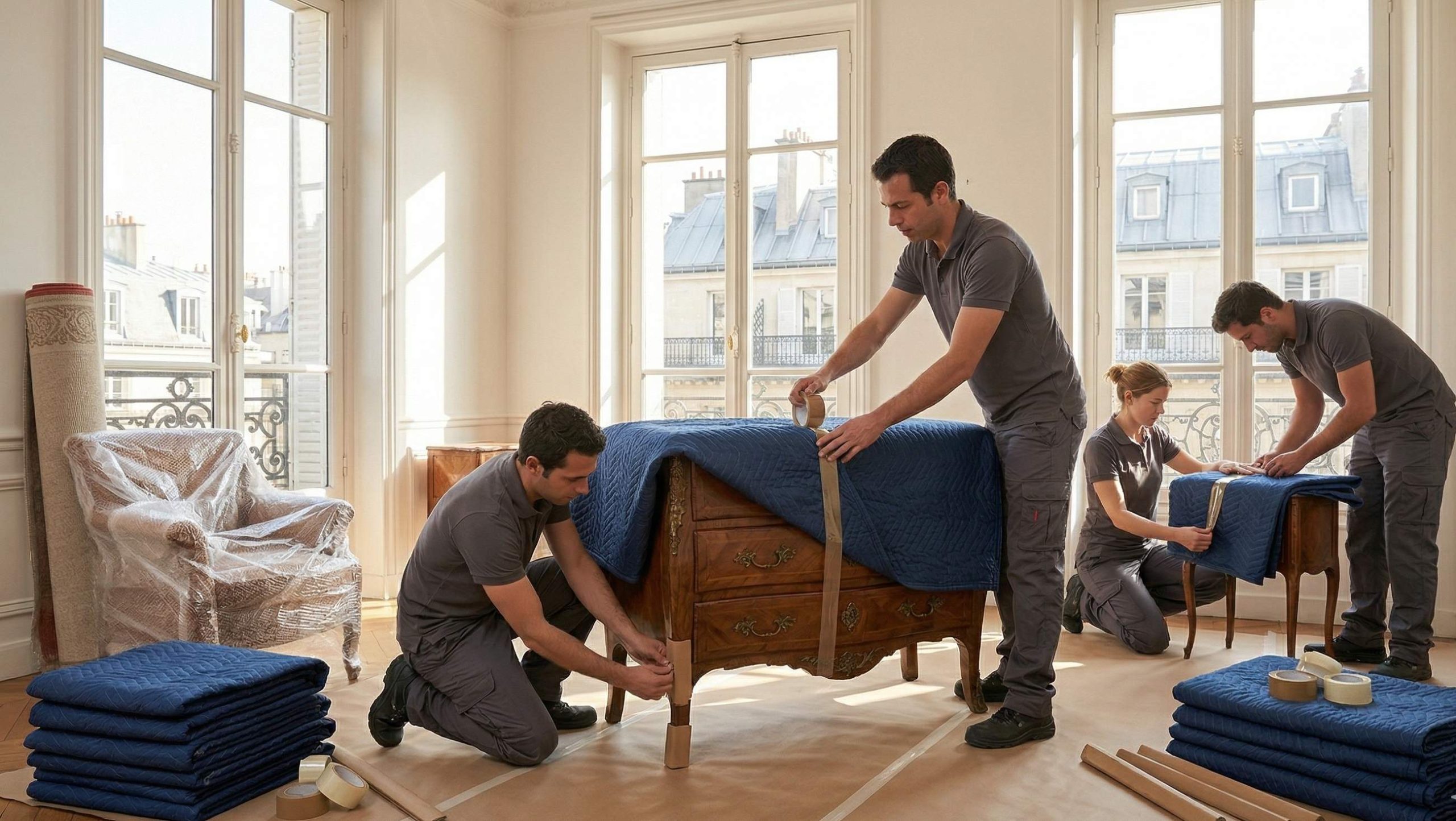 Déménageurs protégeant des meubles dans un appartement
